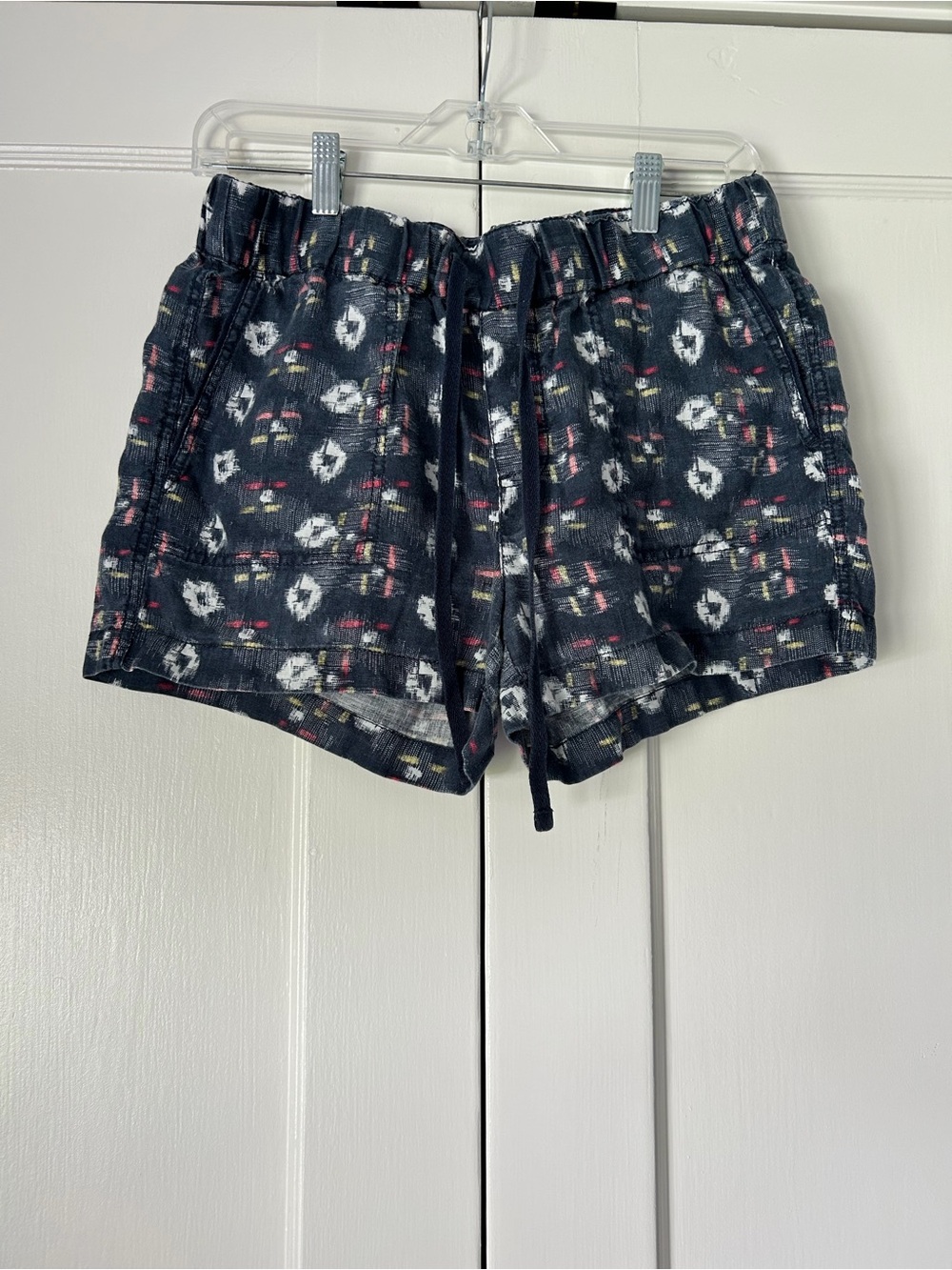 Caslon Linen Shorts w/ Ikat-Style Pattern, Drawstring - Blue, Size Small